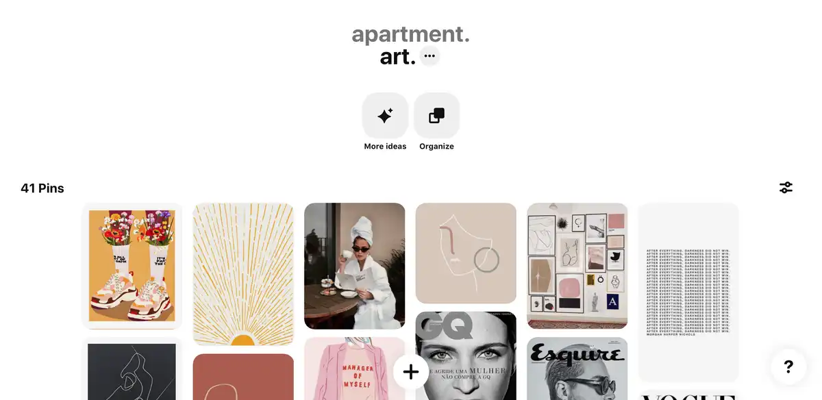 A screenshot of a Pinterest board called "Apartment" with pins that each picture a piece of art